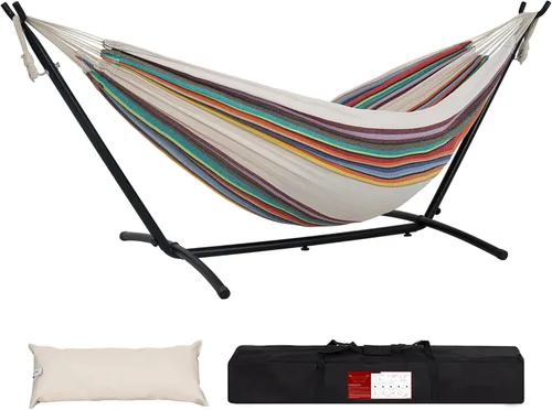 Miniatura 18 de Lazy Daze Hammocks Hamaca doble con soporte de acero de 9 pies que ahorra espacio, incluye funda de transporte portátil, capacidad de 450 libras