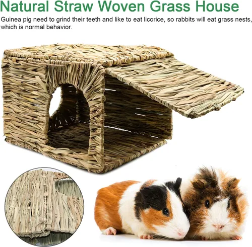 Miniatura 4 de BWOGUE Casa de césped grande para conejillos de indias, cabaña de paja tejida a mano, plegable, cama escondite de animales pequeños con aberturas