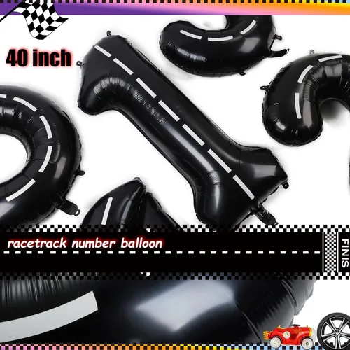 Miniatura 3 de Globos de Cumpleaños de Coche de Carreras Globo de Número de Pista de Carreras de 40 Pulgadas 0 Negro Niños 10mo Cumpleaños Decoración de Fiesta
