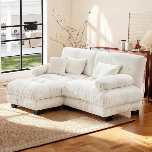 Miniatura 73 de Reposapiés Otomano Tapizado de Terciopelo con Cojín para Sofá Seccional Sofá 300 libras para Sala de Estar (Beige)