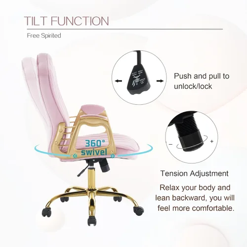 Miniatura 7 de Silla de oficina en casa de terciopelo con brazos y patas dorados, cómoda silla de escritorio giratoria tapizada y capitonada, cómoda con ruedas Rosa