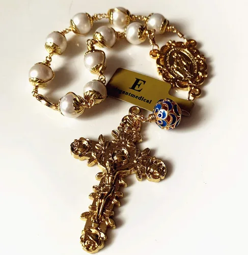 Miniatura 2 de elegantmedical Hecho a mano alambre de oro envuelto 10MM perlas reales oración católica una década rosario pulsera cruz regalo y caja