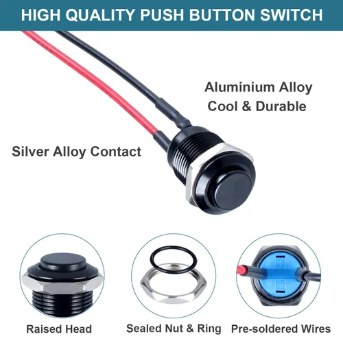 Miniatura 4 de 5 piezas 12 mm Interruptor de botón de cierre con cabeza elevada ON-Off normalmente abierto con cable presoldado, carcasa de aleación de aluminio
