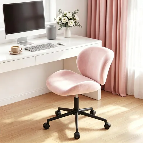 Miniatura 6 de DurayLoly Silla de tocador con ruedas, bonita silla de escritorio sin brazos con respaldo, silla de oficina pequeña giratoria de 360° en altura Rosa