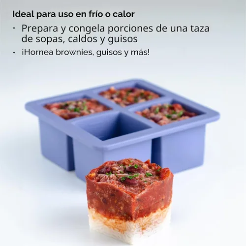 Miniatura 2 de W&P Cup Cubes - Bandeja de silicona para congelador con tapa, azul, hace 4 porciones perfectas de 1 taza, congela y almacena sopa, caldo, salsa