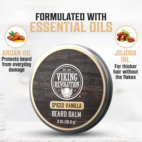 Miniatura 4 de Viking Revolution Bálsamo para barba de vainilla especiado – Mantequilla de barba con aceite de argán, suavizante de barba para hombres con aceite