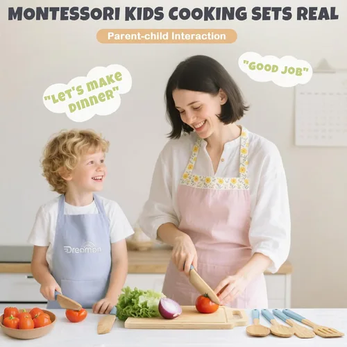 Miniatura 10 de Juego de Cocina de Madera para Niños de 29 Piezas, Herramientas de Cocina y Hornear Montessori para Niños Pequeños para Cocina Real, 3 Cuchillos