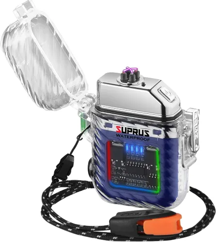 Miniatura 16 de SUPRUS Luminoso 3 modos de linterna resistente al viento, impermeable, encendedor eléctrico recargable de plasma de doble arco con silbato de Naranja