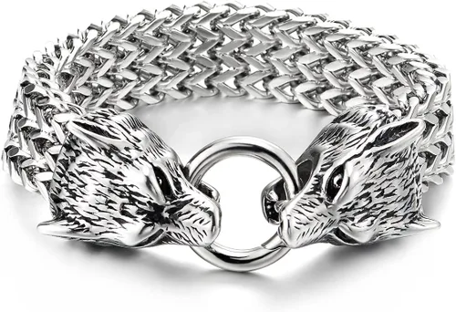 Miniatura 2 de COOLSTEELANDBEYOND Biker - Pulsera de acero inoxidable para hombre con cabeza de lobo con cierre de anillo de resorte