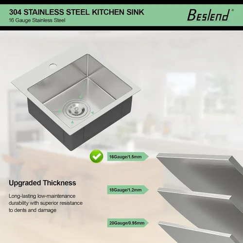 Miniatura 7 de Fregadero de cocina para exteriores 15 x 15 pulgadas, fregadero de bar de 15 x 15 pulgadas, fregaderos de cocina de acero inoxidable de calibre 16