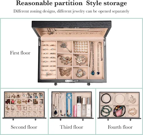 Miniatura 4 de TITISKIN Joyero grande de madera, joyero con espejo, caja de joyería con cerradura de 4 capas, caja de regalo, gabinete de joyería de escritorio