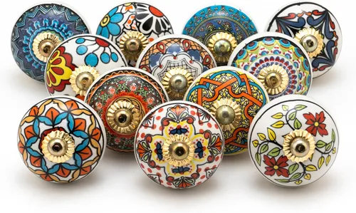 Miniatura 7 de FOLK CRAFT Pomos decorativos para cajones – Paquete de 12 piezas – Manija de puerta de armario de armario con flores hechas a mano para decoración