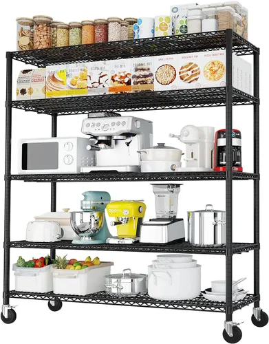 Miniatura 10 de Karl home Estantes de almacenamiento de metal ajustables de 3 niveles, estantería de alambre con ruedas y pies niveladores, estantería de garaje