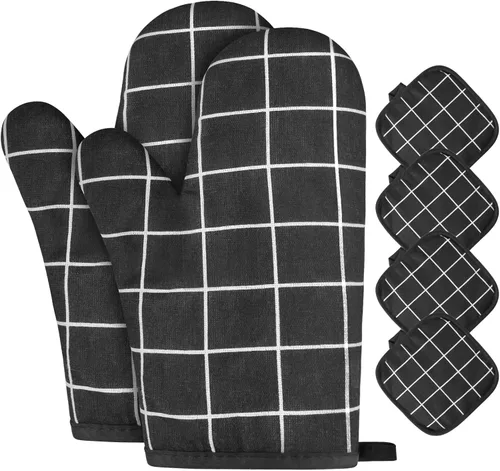 AUAUY Guantes de horno y soportes para ollas Juego de 6 piezas, guantes de cocina resistentes al calor de 392°F y almohadillas térmicas Guantes de
