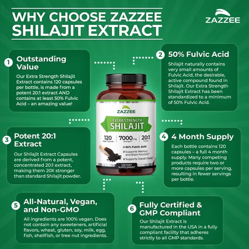 Miniatura 7 de Zazzee Extracto 20:1 de Shilajit del Himalaya 100% puro, 50% ácido fúlvico, 120 cápsulas veganas, suministro de 4 meses, rico en minerales traza