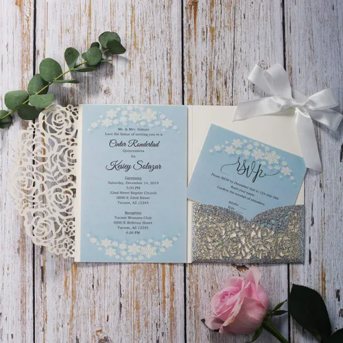 Miniatura 8 de Kit de invitaciones de boda de 5.1 x 7.1 pulgadas, 20 piezas de purpurina plateada en blanco cortado con láser con sobres y bolsillo hueco de rosa