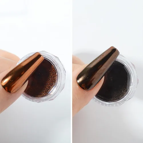 Miniatura 5 de Polvo cromado metálico marrón, 2 tarros estilo Maillard café marrón efecto brillo pigmento cromo polvo polvo puntas manicura con aplicadores