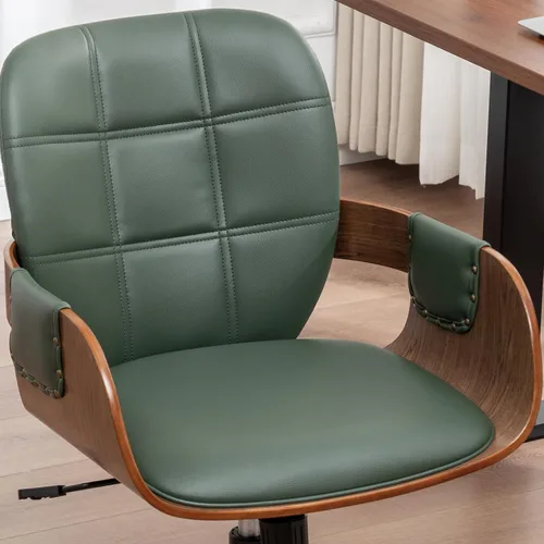 Miniatura 6 de Silla de escritorio para oficina en casa con ruedas giratorias, artesanía de nogal, respaldo y brazos curvos ergonómicos, piel sintética, altura