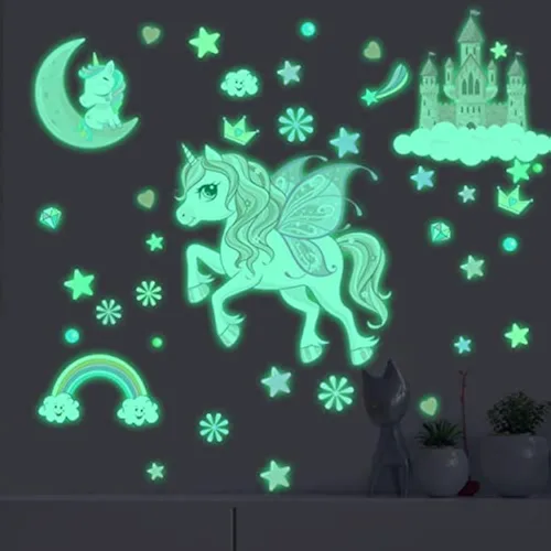Miniatura 7 de Adhesivos de unicornio que brillan en la oscuridad, calcomanías de puntos y estrellas removibles para techo, adhesivo de arcoíris luminoso para Arco
