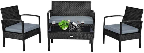 Miniatura 9 de HAPPYGRILL Juego de muebles de patio de 4 piezas, juego de conversación de mimbre de ratán para jardín, piscina, césped, sofá biplaza, asiento Marrón
