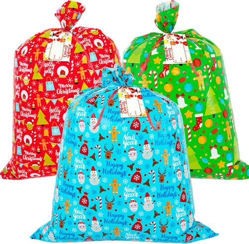 OuMuaMua Paquete de 3 Bolsas Grandes de Regalo de Navidad - 49" x 35.5" Bolsas Jumbo de Plástico para Envolver Regalos de Navidad Reutilizables