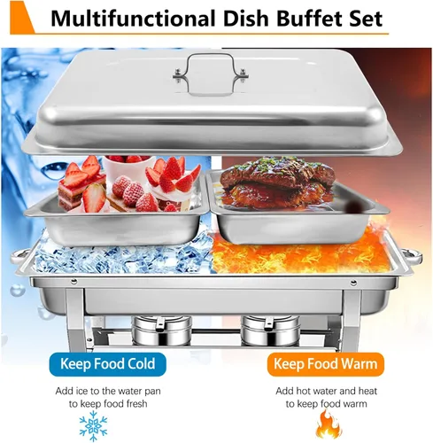 Miniatura 3 de Juego de 2 platos de bufé de roce de acero inoxidable de tamaño medio de 8 cuartos de galón para catering, juegos mejorados de chafers