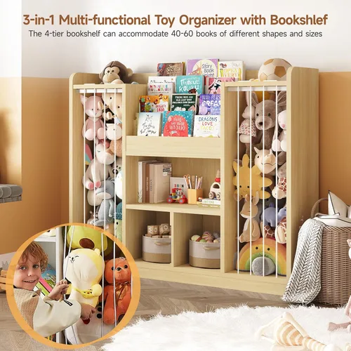 Miniatura 4 de ONBRILL Organizador de almacenamiento de juguetes, almacenamiento de animales de peluche con estantería de 4 niveles, funda de almacenamiento