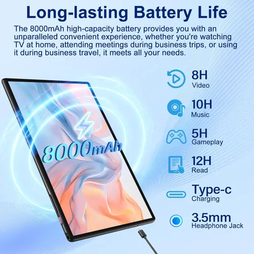 Miniatura 7 de Tablet Android 15 de 10.1 pulgadas con 30 GB de RAM 128 GB de ROM 1 TB de expansión, con teclado y ratón, Octa-Core, 8000 mAh, pantalla HD IPS, WiFi