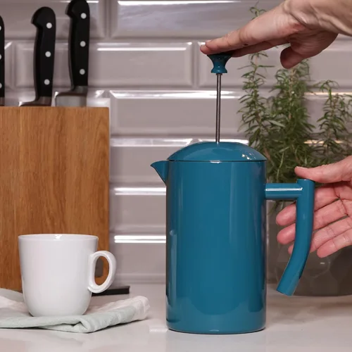 Miniatura 2 de Frieling Cafetera de prensa francesa de acero inoxidable de doble pared, azul laguna, 34 onzas líquidas.