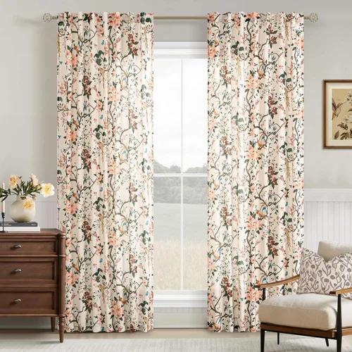 Miniatura 56 de Cortinas de lino florales azules y amarillas, estilo vintage, bohemio, de 63 pulgadas, 2 paneles con pestaña trasera para sala de estar