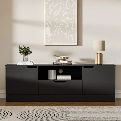Miniatura 5 de Housoul Soporte de TV para TV de 55/60/65 pulgadas, centro de entretenimiento con 2 puertas y cajón, consola de TV multimedia con gabinete de Negro
