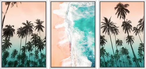 Miniatura 72 de SIGNWIN Lienzo enmarcado para pared, vista aérea de palmeras tropicales en un cielo azul, fotografía del océano costero, arte moderno, panorámico