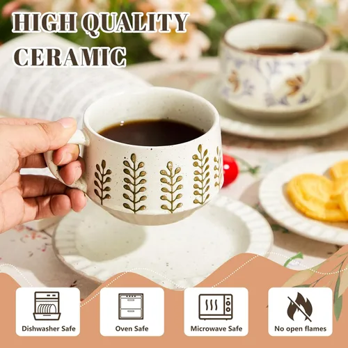 Miniatura 4 de LemonRoad Juego de tazas de té y platillo vintage, tazas de café de porcelana de 10 onzas con platillo para café con leche, moca, capuchino, tazas