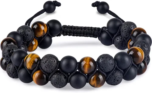 Pulsera de triple protección para hombres y mujeres, auténtico ojo de tigre, ónix negro y roca de lava de 0.315 in, hecha a mano, pulsera de cuentas