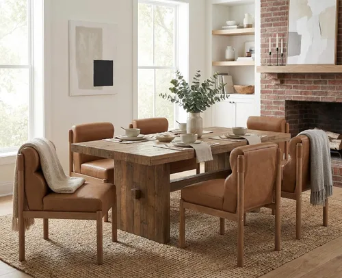 Miniatura 5 de CIMOTA Juego de 6 sillas de comedor tapizadas modernas, de piel sintética, sillas laterales sin brazos Boucle con respaldo curvo/patas de madera