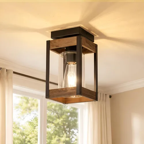 Miniatura 13 de Mayful Lámpara de techo de montaje empotrado con pantalla de cristal transparente, lámpara de techo de marco de metal negro para granja para isla