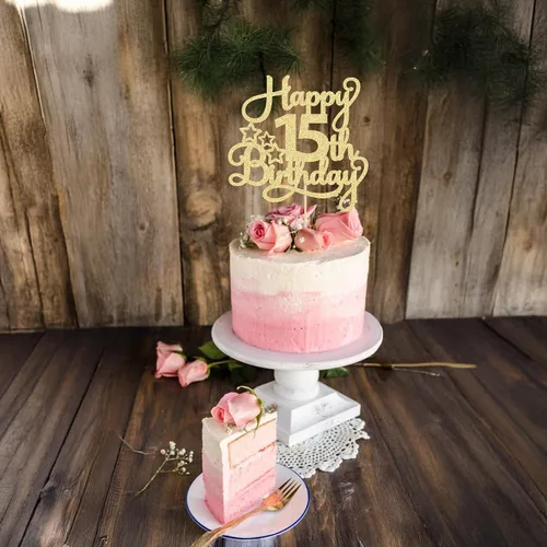 Miniatura 4 de 1 paquete de decoración de pastel de feliz 15 cumpleaños, topper de pastel dorado con purpurina Mis Quince 15, saludos a 15 años, adorno de pastel