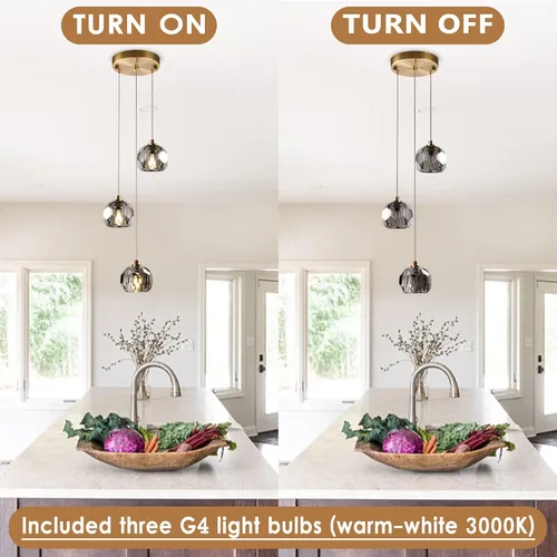 Miniatura 4 de Lámpara colgante de cristal de prisma de 3 luces, moderna lámpara colgante de cristal ahumado de 9 W, iluminación colgante de techo redondo triple