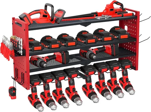 Miniatura 11 de Organizador de herramientas eléctricas con estación de carga, estante de garaje resistente de 3 capas con 8 tomas, 4 estantes de almacenamiento