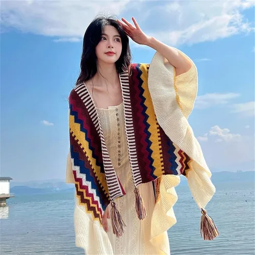Miniatura 4 de SXLINGDO Poncho cruzado frontal tipo suéter de punto elegante capa de chales, cárdigan bohemio con borla para mujer