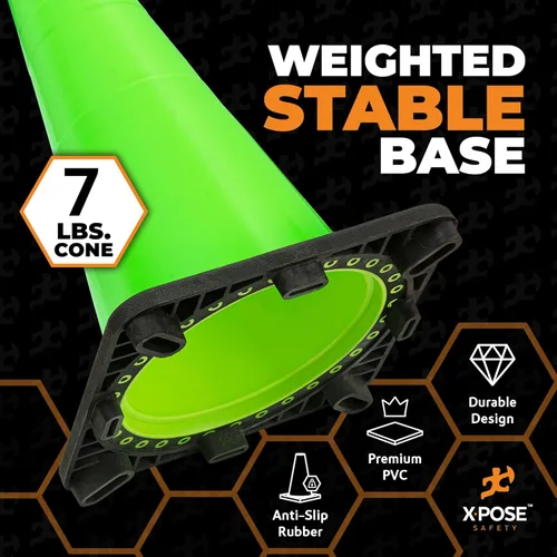 Miniatura 5 de Xpose Safety Cono de tráfico verde lima de 28 pulgadas, paquete de 4, cono de seguridad de PVC de alta calidad para estacionamiento, precaución
