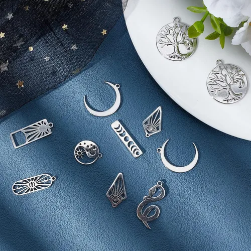 Miniatura 4 de SUNNYCLUE 1 caja de 20 dijes estilo tarot árbol de la vida de la fase lunar de acero inoxidable con diseño de luna creciente ojo de serpiente
