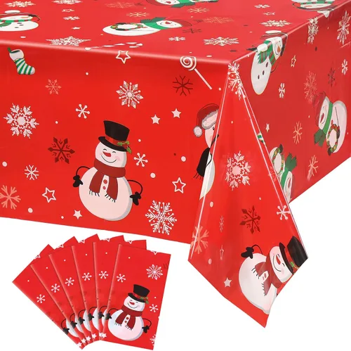Miniatura 10 de Irenare 1 pieza de mantel de Navidad con muñeco de nieve de invierno, cubierta de mesa de muñeco de nieve de plástico desechable con copo de nieve