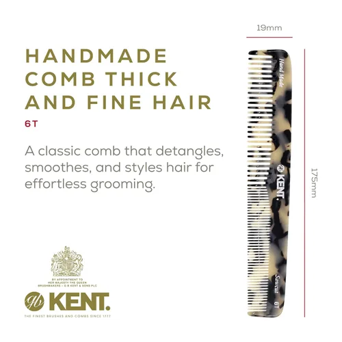 Miniatura 2 de Kent 6T TW - Peine de pelo de dientes finos y dientes anchos, peine de peinado hecho a mano para el cuidado del cabello, peines de peluquería
