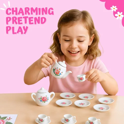 Miniatura 5 de Juego de té de cerámica de porcelana en miniatura floral de 17 piezas, juego de simulación para niños, juego de cocina pequeño, muñeca divertida