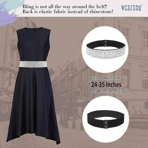 Miniatura 4 de WERFORU Cinturón de vestir elástico ancho con diamantes de imitación para mujer, cinturón de cintura de fiesta brillante
