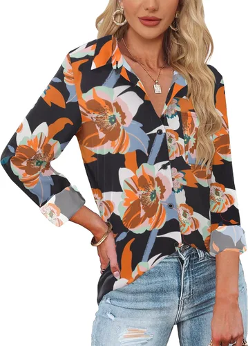 Miniatura 7 de HOTOUCH Camisas de botones de manga larga para mujer, camisas de vestir casuales con cuello en V y cuello, tops para trabajo de oficina, blusa
