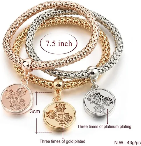 Miniatura 3 de SILANER Pulseras multicapa con dijes de cristal, 3 pulseras de cadena de maíz de oroplataoro rosa para mujer, pulsera elástica en forma de corazón