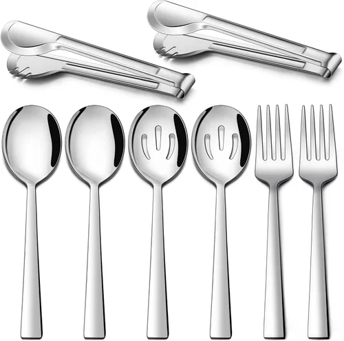 LIANYU Juego de 8 utensilios de servir, cucharas de servir de acero inoxidable, cucharas ranuradas, tenedores, pinzas de metal para cocina, bufé,