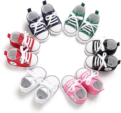 Miniatura 9 de Zapatos de bebé para niñas o niños suaves suela antideslizante para recién nacidos y primeros pasos de estrella tenis caña alta de lona mezclilla